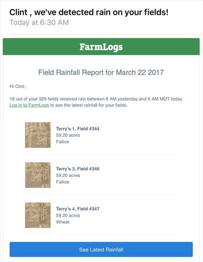 An email from FarmLogs alerting Clint of the recent rainfall on his fields