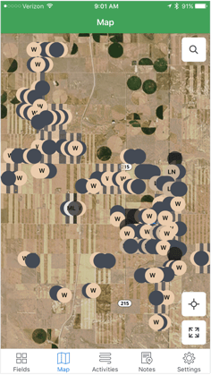 A mobile view of the mapping feature, showing some of the Jessen's fields